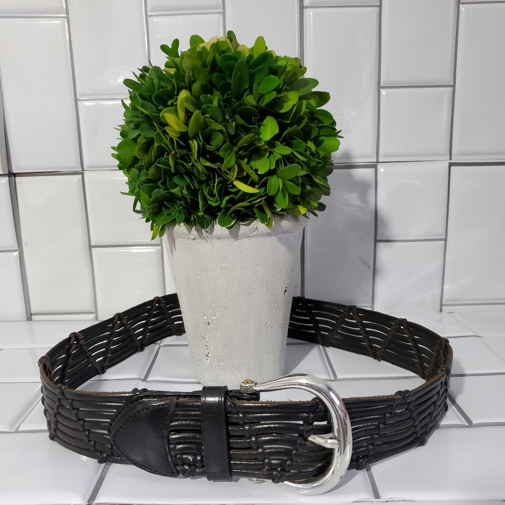 Brighton Vintage Wide Black Leather Woven Belt Sil